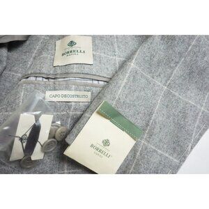 Borrelli Flannel Gray Windowpane Wool 2 Pc Suit Jacket Pants 42S BRAND NEW